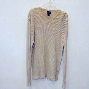 Reunion Beige Men’s V‑Neck Soft Sweater – Size M, Long Sleeve, Ribbed Texture